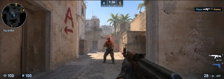 CS2 aimbot lock line on Mirage with FOV assist visible on screen.