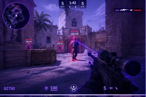 CS2 player ESP with red boxes and skeleton lines through smoke on Dust II.