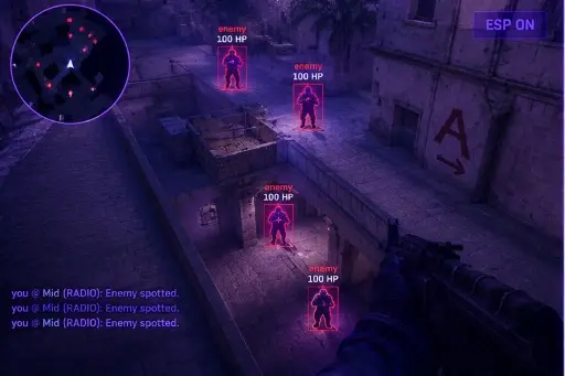 CS2 ESP skeleton and glow on enemies in a sunlit Mirage alley.