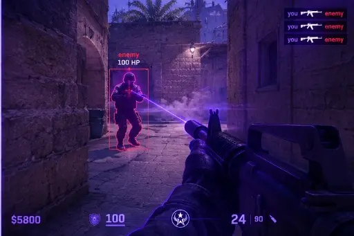 CS2 player boxes and health bars on a tight indoor angle.