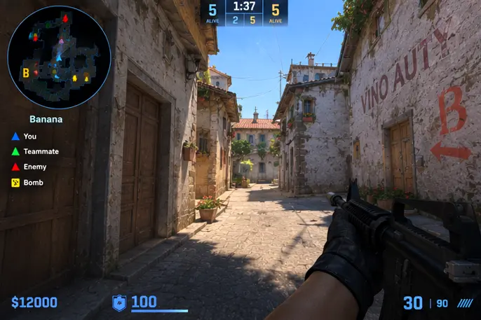 CS2 radar overlay on Inferno banana with teammate and enemy icons on the mini-map.