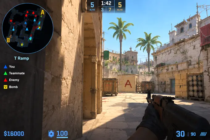 CS2 mini-map radar on Mirage T ramp with live enemy triangles across the sites.