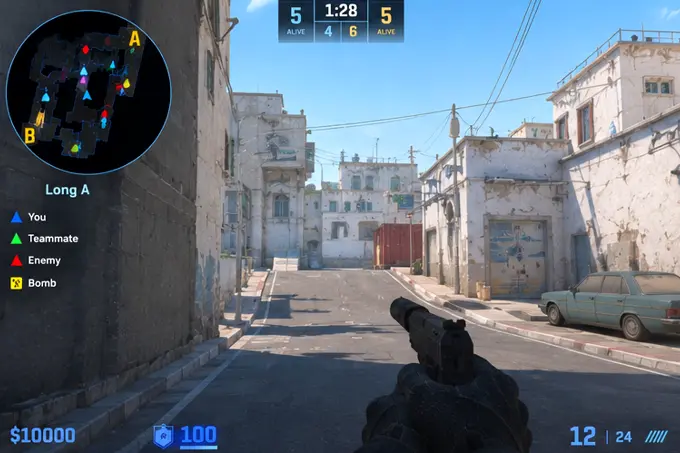 CS2 radar overlay on Dust II long A with bomb and player markers on the map.