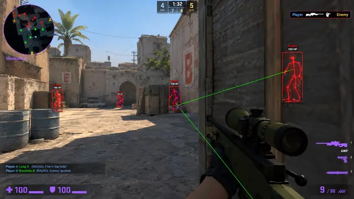 CS2 wallhack ESP sniper overlay on Dust II with distance and enemy tags.