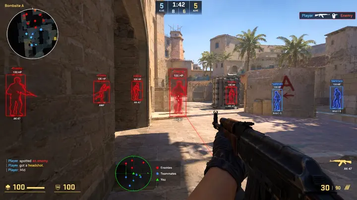 CS2 wallhack and ESP HUD on a desert bombsite with enemy outlines past cover.